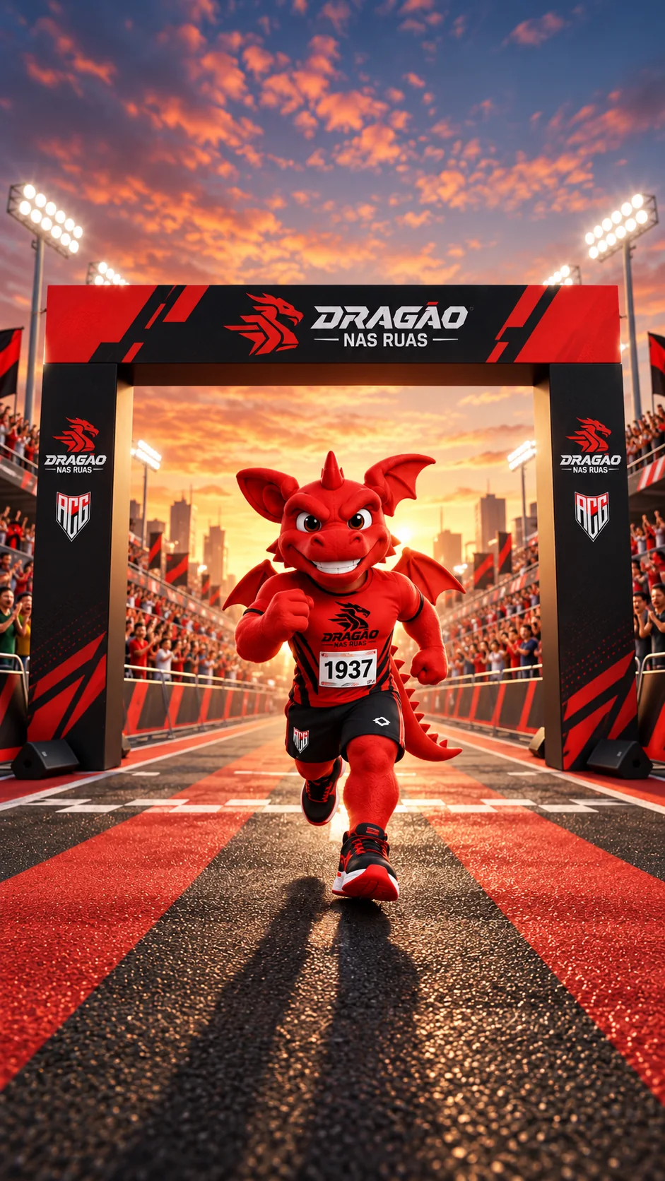 Mascote do Dragão correndo sob o pórtico Dragão nas Ruas